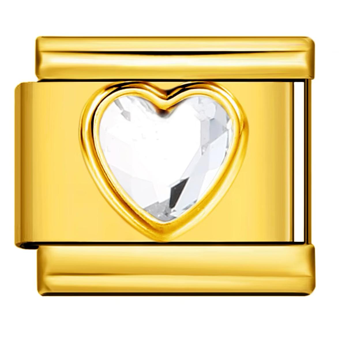 White Crystal Gem Heart on Gold